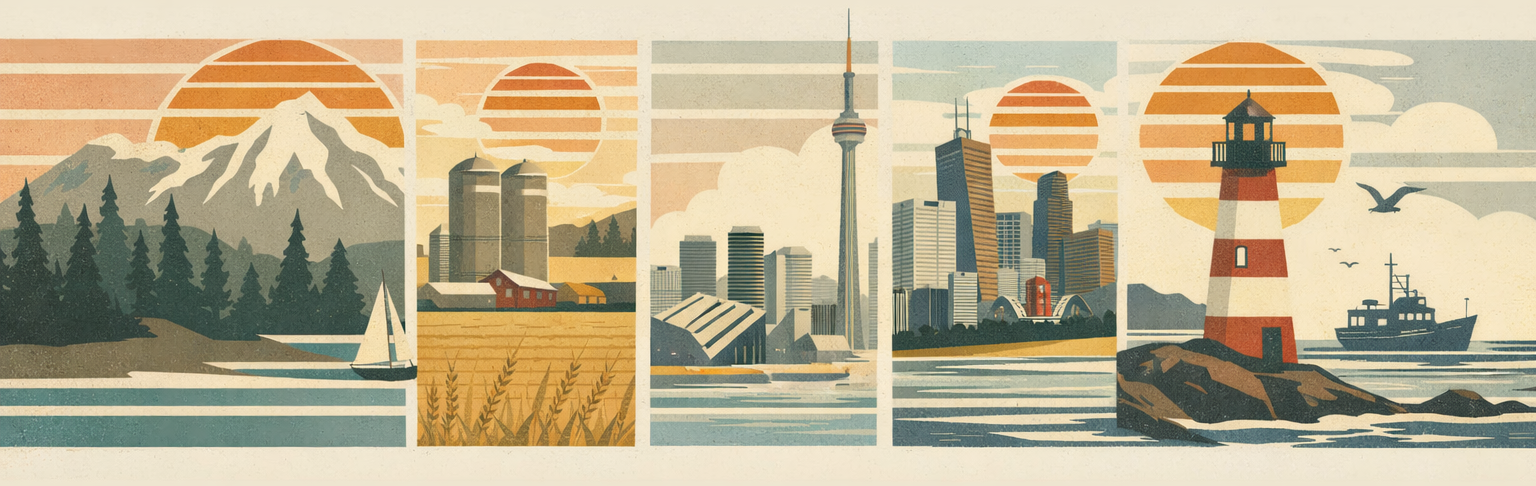 Illustrated Canadian landscape with mountains, prairie, Toronto skyline, lighthouse, and coast.